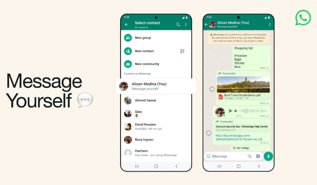 WhatsApp rolls out new ‘Message Yourself’ feature globally • TechCrunch Whatsapp Message Yourself 1024x597